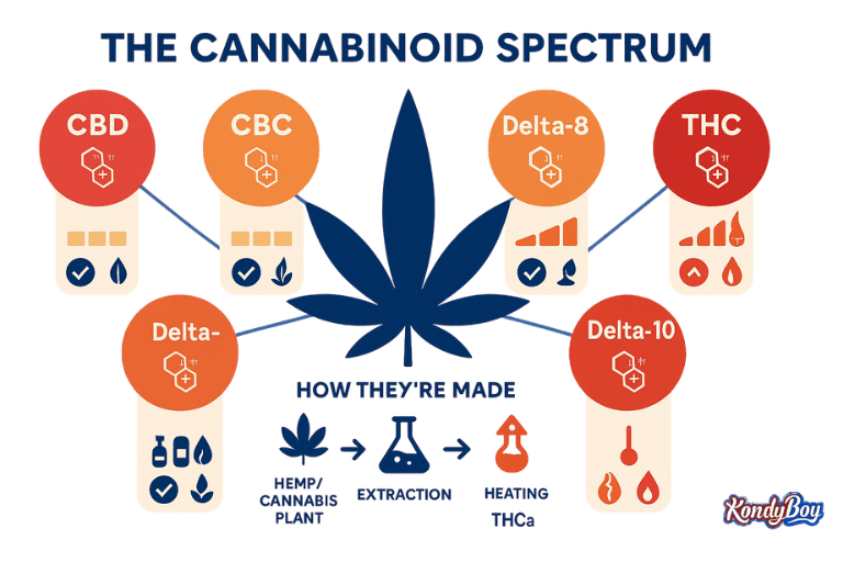 Kandy Boy Cannabinoid Spectrum infographic showing CBD, CBC, Delta-8, Delta-9 THC, Delta-10 with potency, legality, and extraction process from hemp to THC.